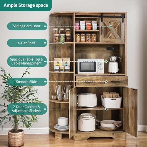 YITAHOME 67" Farmhouse Pantry with Power Outlet & Sliding Barn Door, Oak