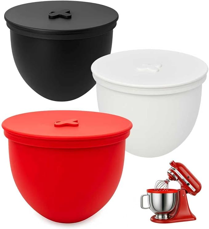 Omoiyari Premium 3-Pack Silicone Bowl Liners with Lids for KitchenAid 5-Qt Tilt-Head (Only), 2mm Extra-Thick Silicone, Odour-Free,Heat-Resistant,Air Valves for Dough Proofing,Dishwasher Safe, BPA Free