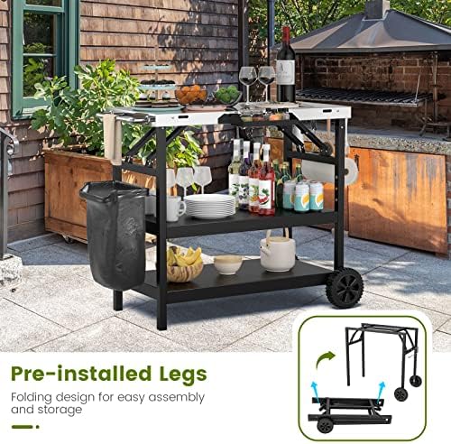 GIANTEX Outdoor Grill Cart with Wheels, Food Prep Table with 3 Storage Shelves, Detachable Spice Rack, Garbage Bag Holder, 4 Hooks, Movable Dining Cart Worktable Trolley for Outside Kitchen BBQ