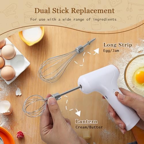 Cordless Hand Mixer, Handheld Electric Whisk with 3 Speed Modes, Hand Held Egg Beater with 2 Detachable Stir Whisks (White)