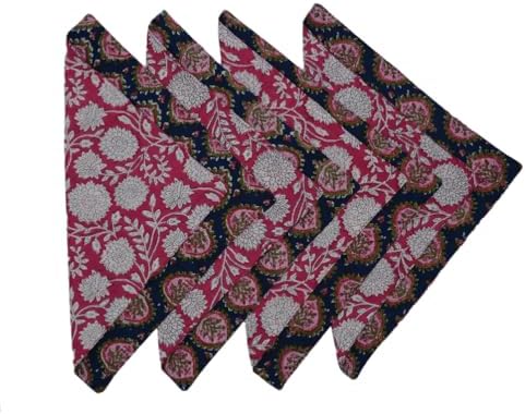Cotton Block Print Quilted Reversible Placemats with Napkins, Floral Design, Dining Table Decor for Everyday Use, Set of 4 (Navy/Pink)