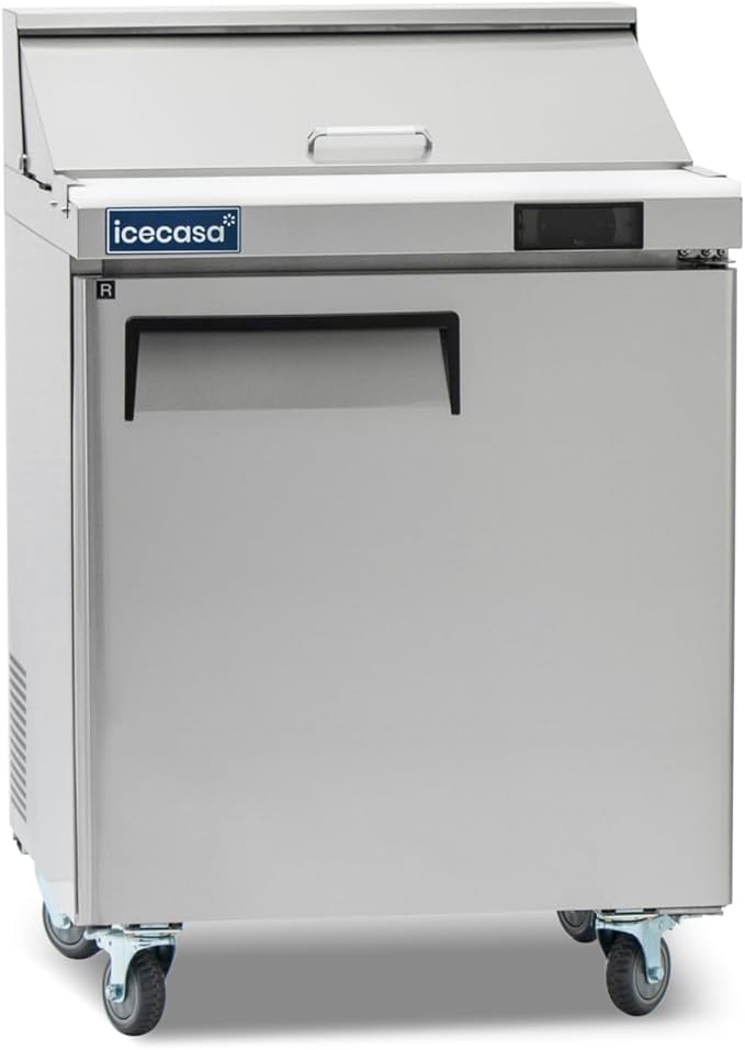 ICECASA 27" W Commercial Refrigerator Sandwich&Salad Prep Table single Door Stainless Steel Counter Fan Cooling Refrigerator with 8 pans-27 Inches for Restaurant, Bar, Shop, etc