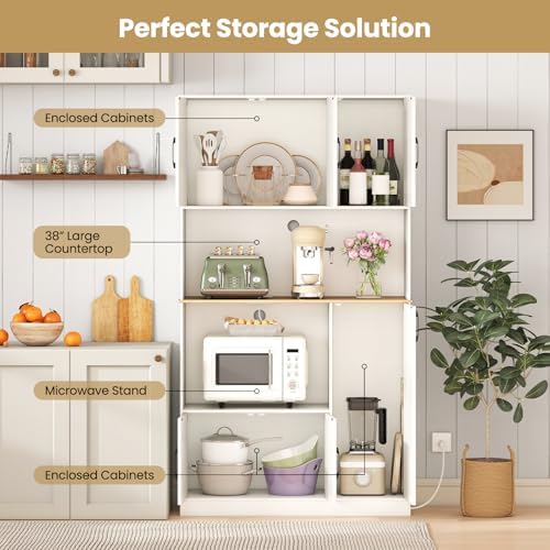 Giantex Kitchen Pantry Cabinet, 71" Kitchen Hutch with 4 Storage Cabinet, Built-in Power Outlet, Wooden Microwave Stand with Large Countertop, Modern Tall Cupboard for Dining Room Coffee Bar, White