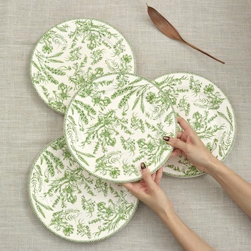 Bico Green Garden Toile De Jouy Dinner Plates Set of 4, 11 Inch Large Ceramic Plates for Pasta, Steak, Stylish Serving Dishes, Microwave and Dishwasher Safe, Gift for Housewarming and Thanksgiving