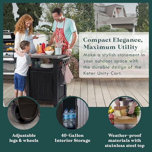 Keter Unity 40 Gal Grilling Bar Cart and Circa 37 Gallon Deck Box,Brown