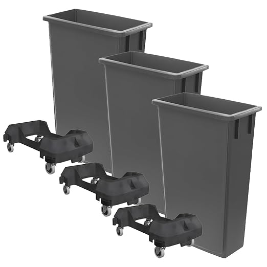3 Pack 23 Gallon Waste Bin with Dolly, Heavy-Duty Trash Can, Slim Rectangular Garbage Bin, Durable Waste Container, Recycling Bin, Plastic Wastebasket for Kitchen, Garage, Restaurants, Office
