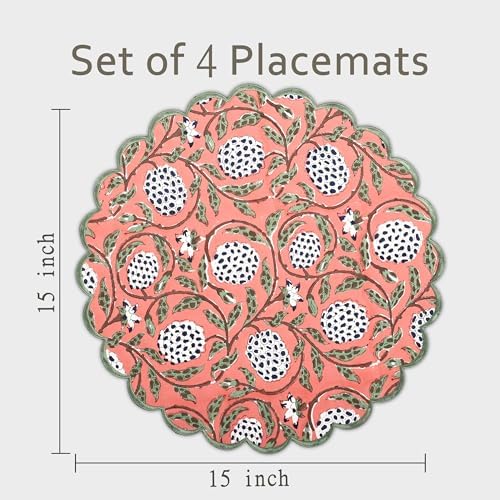Ridhi Floral Block Print Round Placemats 15 in, Set of 4, Dark Salmon Pink