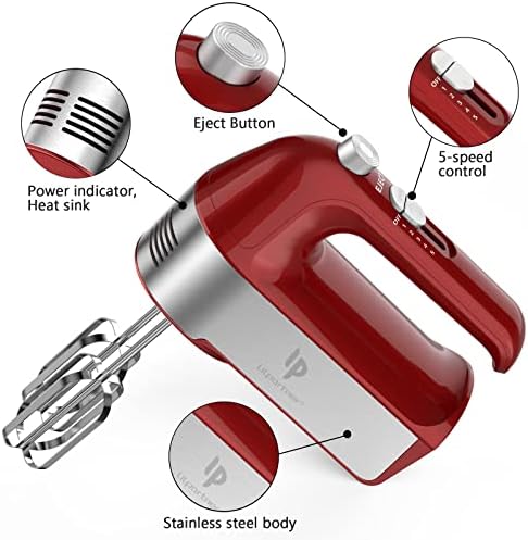 Hand Mixer Electric, 450W Kitchen Mixers with Scale Cup Storage Case, Turbo Boost/Self-Control Speed + 5 Speed + Eject Button + 5 Stainless Steel Accessories, For Easy Whipping Dough, Cream, Red