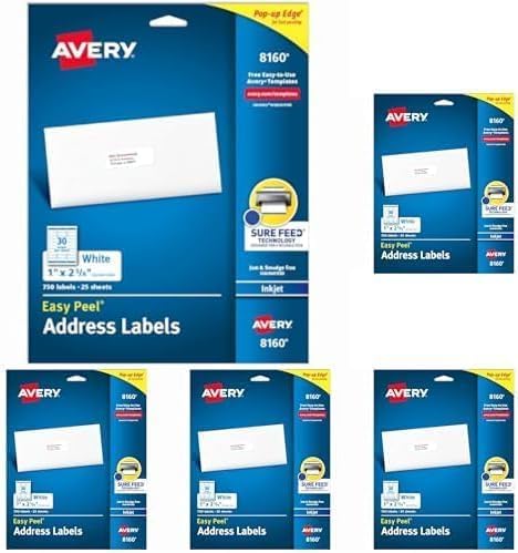 Avery Easy Peel Printable Address Labels with Sure Feed, 1" x 2-5/8" Customizable Stickers, White, 750 Blank Mailing Labels, Great for Mailing, Shipping, and More (8160) (Pack of 5)