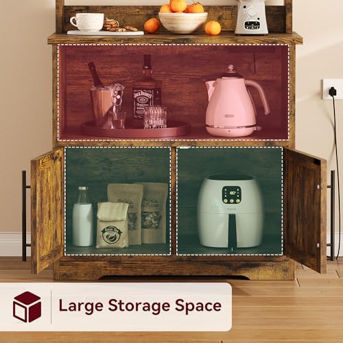 IDEALHOUSE Bakers Rack With Storage Cabinet, Microwave Stand With Power Outlets, Farmhouse Bakers Rack With Thick Table Top, Small Kitchen Pantry Hutch Bakers Rack for Kitchen, Dining Room,Retro Brown