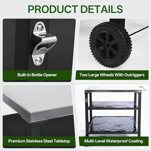 KEIKI 3-Tier Outdoor Grill Cart Table with 2 Wheels, Movable BBQ Cooking Prep Table, Pizza Oven Table, Serving Bar Cart for Backyard, Indoor, Outside, Kitchen Room, Stainless Steel