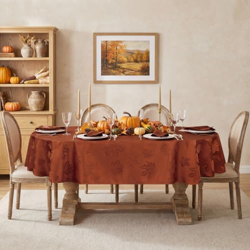 Softalker Fall Jacquard Oval Tablecloth, 60 x 84 Inch Rust