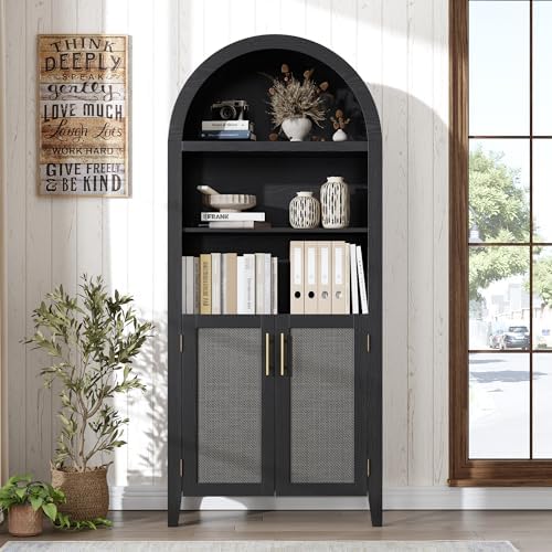 Garvee Arched Kitchen Pantry Storage Cabinet - 5-Tier Open Display Shelf with Rattan Decor, Farmhouse Storage Cabinet for Kitchen, Dining Room, Living Room, Black