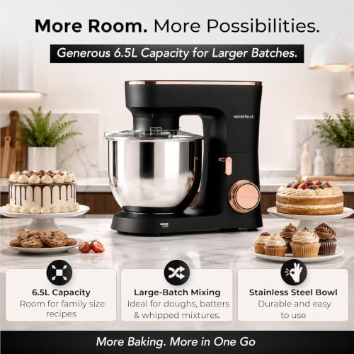 KOCHSTELLE Black Electric Stand Mixer 6.8 Quart Qt, 660W, 6-Speed Adjustable, Stainless Steel Planetary, Portable, Compact & Elegant Kitchen Mixer for Baking & Cooking