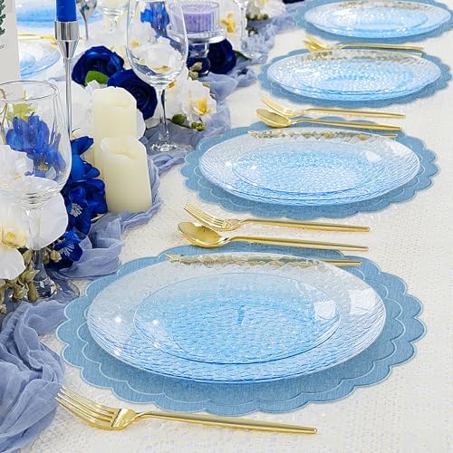 Set of 6 Blue Cotton Linen Placemats, 15x15 Scalloped Flower Embroidery Cloth Table Mats Double Layered Fabric Machine Washable Wrinkle Free Dining Placemat for Hotel Restaurant Kitchen Decor