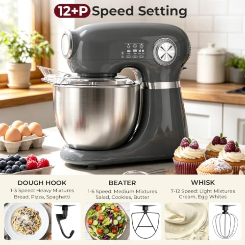 Electactic 5.3 Quart Electric Stand Mixer With 12 Speed, Low Noise, Grey