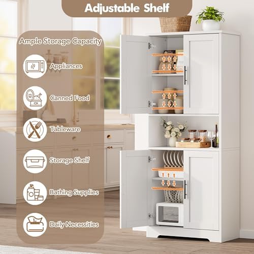 Takywep Modern Tall Freestanding Pantry Cabinet 70", Storage Cupboard with 4 Doors, Adjustable Shelves & Open Shelf, Multipurpose Home Organizer for Living Room, Kitchen, Dining Room, White