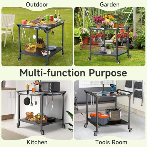 NUUK Outdoor Grill Cart on Wheel 32" x 32", Stainless Steel Pizza Oven Table with Double-Shelf, Rolling Countertop Kitchen Food Prep Cart for Backyard, Garden, Restaurant