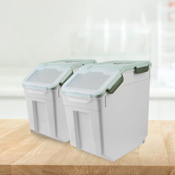 Large Flour Storage Container Bin 25lb, 2Pack Airtight Rice Storage Containers with Wheels Seal Locking Lid, BPA Free with Measuring Cup&Scoop for Flour, Rice, Grain(Green)