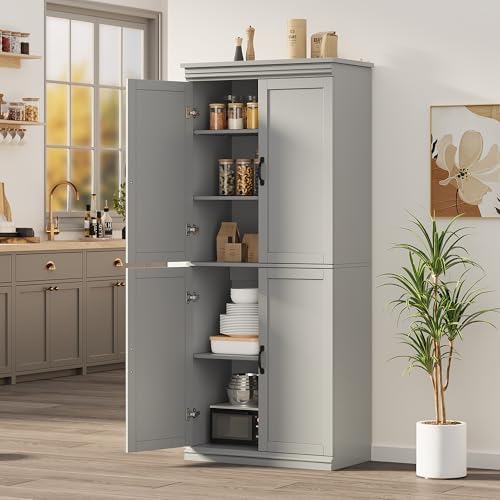 70 Inch Tall Pantry Cabinet, Wood Kitchen Storage Cabinet with 4 Doors & Adjustable Shelves, Modern White Pantry Organizer Cupboard for Dining Room, Living Room