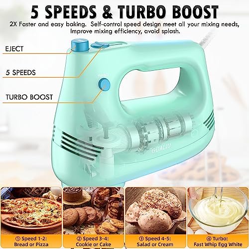 GUALIU Electric Hand Mixer, 304*(2* Beaters, 2* Dough Hooks), (1* Storage Bag) Handheld Mixer for Baking Cakes, Eggs, Cream Food Mixers, Turbo Boost /5 Speed Kitchen Blender GREEN