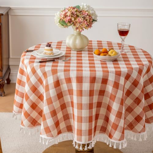 Alsoo Round Fall Gingham Tablecloth 60 inch, Orange Cotton Linen Style