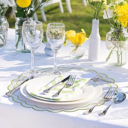 Set of 8 Cotton Linen Placemats, 15x15 Scalloped Flower Embroidery Cloth Table Mats Double Layered Fabric Machine Washable Wrinkle Free Dining Placemat for Restaurant Kitchen Decor, White with Green