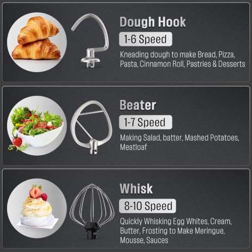 6.5QT Tilt-Head Stand Mixer, Heavy Duty Pro 10-Speed Electric Mixer, Stainless Steel Cladding & Bowl with Dough Hook, Wire Whisk and Flat Beater for Home Baking, Bread, Cake, Pizza Dough