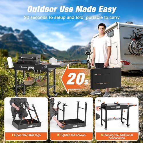 WARMOUNTS Foldable Grill Cart Outdoor with Wheels, Portable Outdoor Grill Table with Storage, Movable Stand Fits 17''/22'' Tabletop Grill, 400 Lbs Weight, for Camping, BBQ
