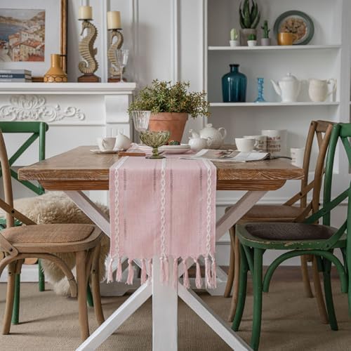 Niviy Table Runners 90 Inches Long with Tassels - Gifts for Her, Pink Boho Embroidered Table Runner Farmhouse Rustic Linen Runners for Wedding Party Baby Shower Home Decor (Pink, 12"×90")