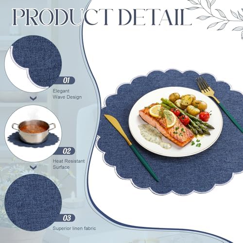 Set of 24 Navy Blue Cotton Placemats 15" Round Scalloped White