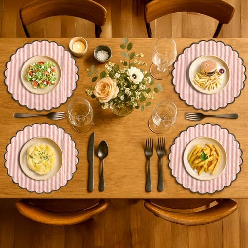 Ridhi Hand Block Print Round Placemats 15 Inch, Set of 4,Heart Pink Stripe