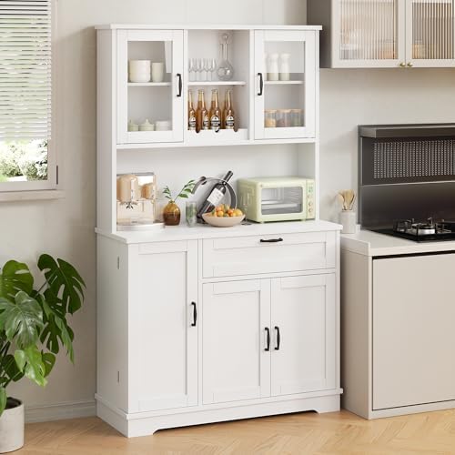 Shintenchi 68" Kitchen Pantry Storage Cabinet, with Microwave Stand, White