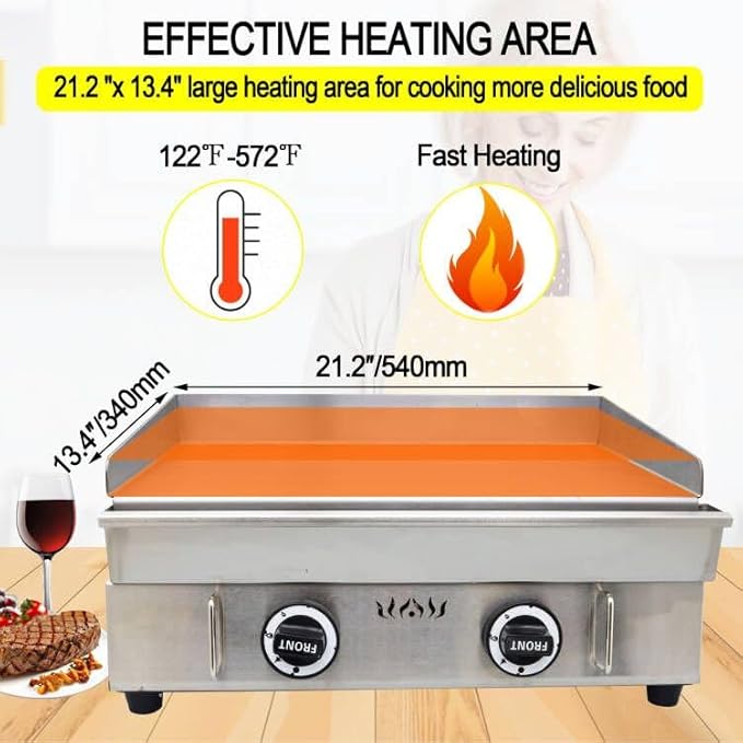 TECHTONGDA LPG Gas Grill Griddle, Stainless Steel Commercial Countertop Griddle Flat Top Grill, Restaurant Teppanyaki, BBQ Plate Grill with Adjustable Temperature Control, 21.26"x13.39", 2800Pa