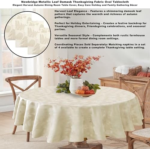 Newbridge Thanksgiving Damask Tablecloth Ivory Gold 60 x 84 Inch Oval