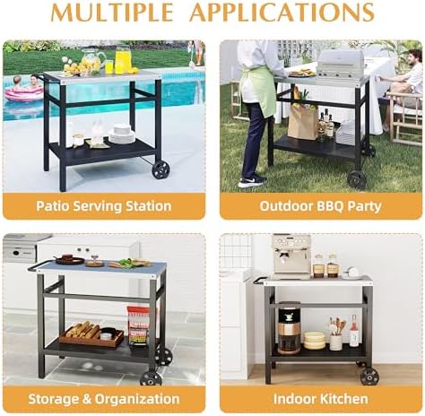DDK Outdoor BBQ Prep Cart | 2-Tier Grill Table with Stainless Steel Top | Rolling Utility Cart for Patio, Pizza Oven, Grilling & Meal Prep