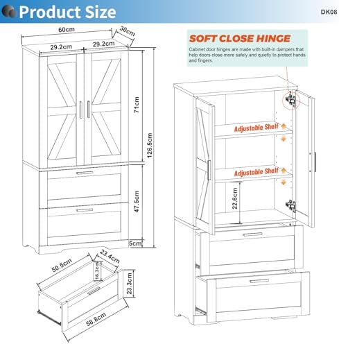 2 Door Tall Kitchen Pantry Storage, Collection Food Free Standing Wooden Storage Cabinet with 2 Drawers and Adjustable Shelves, Modern Farmhouse Versatile Storage for Kitchen, Dining Room (White)