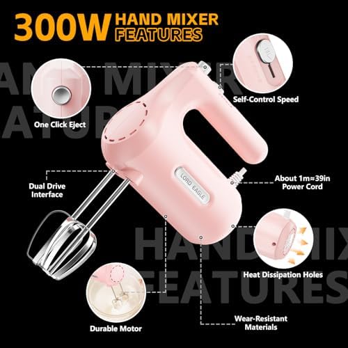 5-Speed Small Hand Mixer Electric, 300W Compact Portable, Pink