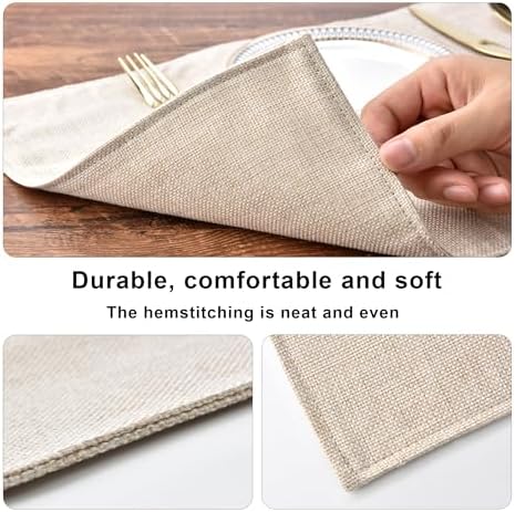 SLKQG Faux Linen Placemats Set of 6, Heat Resistant Washable Double Layer Cloth Place Mats for Dining Table, Wrinkle Resistant Linen Textured Farmhouse Kitchen Decor (6, Light Linen)
