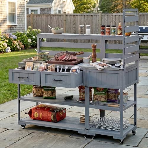 Merax 62.3'' Outdoor Mobile Kitchen Island on Wheels with Stainless Table Top, Outdoor Prep Cart Grill Table with Raised Shelf and Drawers for BBQ, Party, Gray