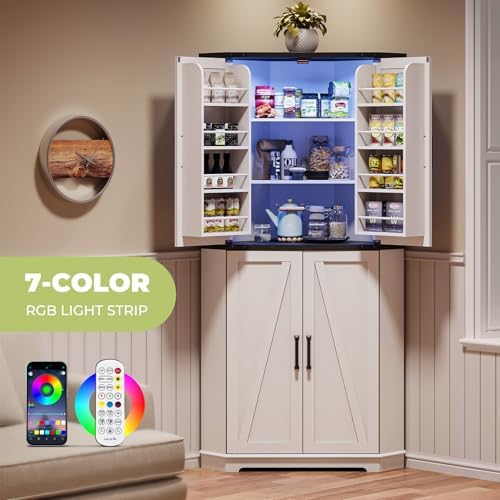 Dripex Tall Kitchen Pantry Cabinet with LED Light, 71" Corner Pantry White