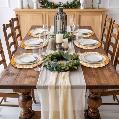 Fall Round Placemats Set of 2 Thanksgiving Scarecrows Crow Pumpkin Place Mats Woven Placemat Maple Leaf Orange Buffalo Plaid Circle Braided Table Mat for Kitchen Holiday Party Fall Decor 15 Inch