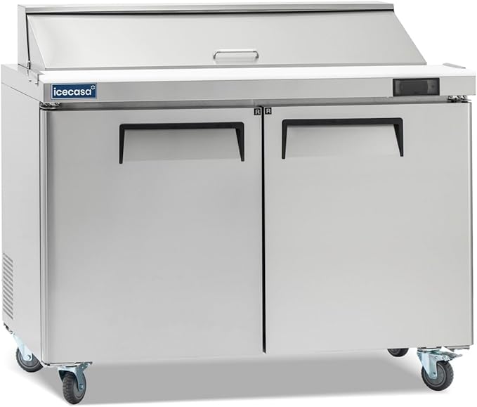 ICECASA 48" W Commercial Refrigerator Sandwich&Salad Prep Table 2 Door Stainless Steel Counter Fan Cooling Refrigerator with 12 pans-48 Inches for Restaurant, Bar, Shop, etc