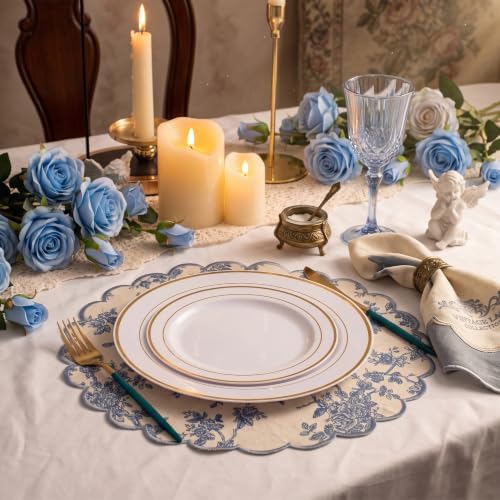 Set of 6 Blue Cotton Placemats 15" Round Scalloped Navy Blue