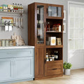 KEIKI 70.87" H Tall Kitchen Pantry Storage Cabinet with Countertop, Glass Doors, Drawers, Microwave Stand & Pull-Out Shelf, Freestanding Wood Hutch Food Pantries Cupboard for Coffee Bar, Dining Room