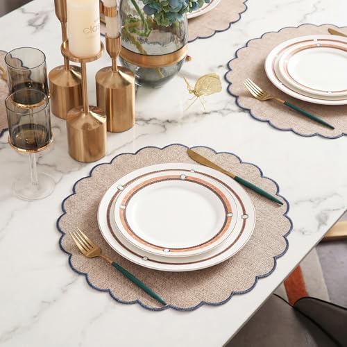 Set of 24 Linen Boho Cotton Placemats 15" Round Scalloped Blue