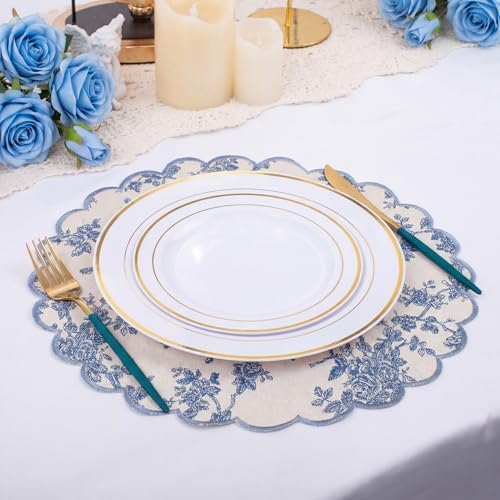 Set of 36 Blue Floral Cotton Placemat 15" Round Scalloped Navy Blue