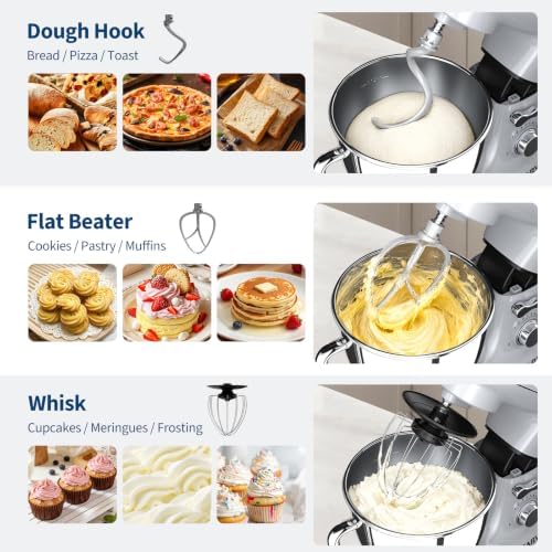 Garvee 5.3 QT Tilt-Head Stand Mixer, 500W Motor, 10-Speed Electric Kitchen Mixer with Stainless Steel Bowl, Dough Hook, Flat Beater & Wire Whisk for Bread Dough, Cake, Cookies & Pizza, Silver