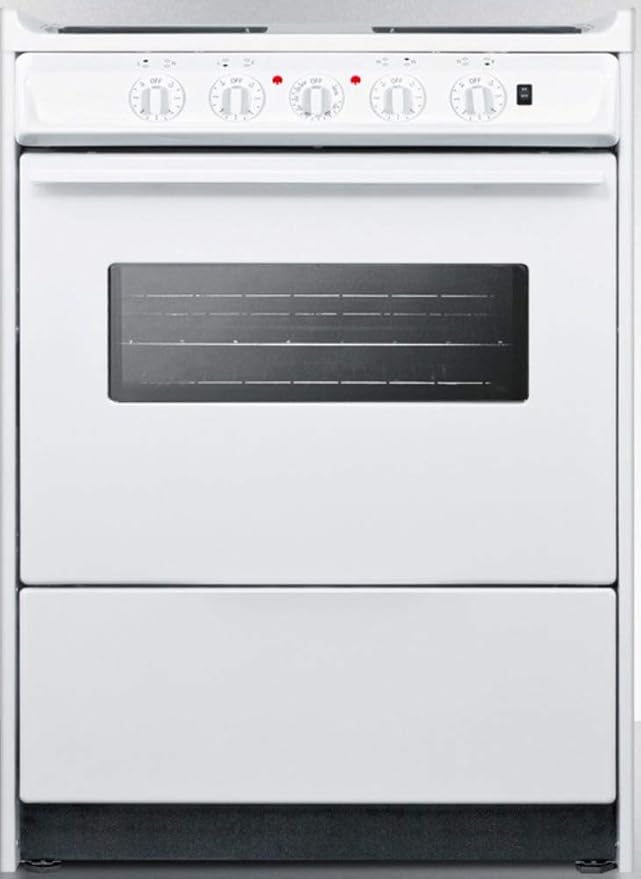 Summit WEM610RW 24"" Slide-In Electric Range with 4 Elements Waist High Broil Oven Racks Chrome Drip Pans Indicator Lights and Push-To-Turn Burner Knobs in White