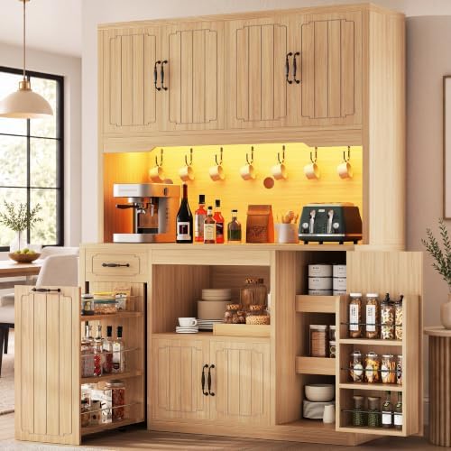 Fluted Kitchen Pantry Cabinet with Charging Station & LED Light, 47" Wide Kitchen Pantry Storage Cabinet with Countertop, Microwave & Appliance Storage, Food Pantry Cabinet for Dining Room ,Natural